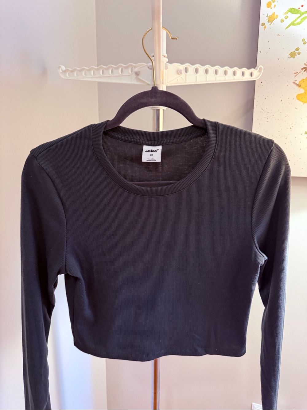 Gray/dark green Ribbed Long-Sleeve Crop Top